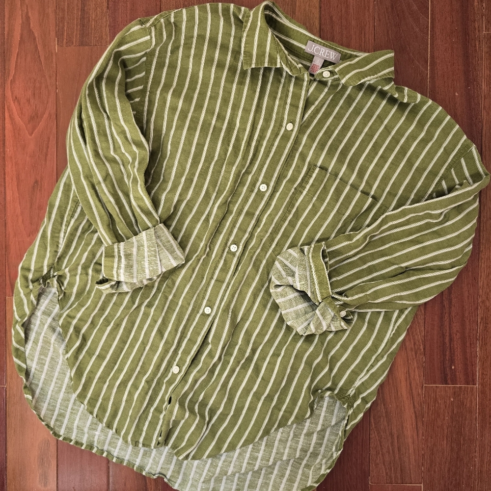 J. Crew Linen and Cotton Olive and White Striped Casual Button-Down  size Small